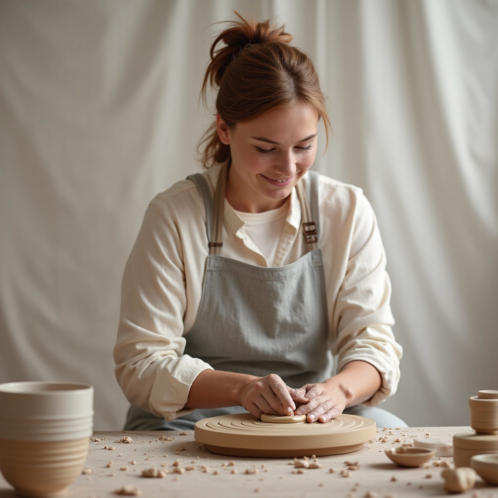 Artist working with earthenware clay at pottery wheel, hands shaping clay, studio environment with pottery equipment visible