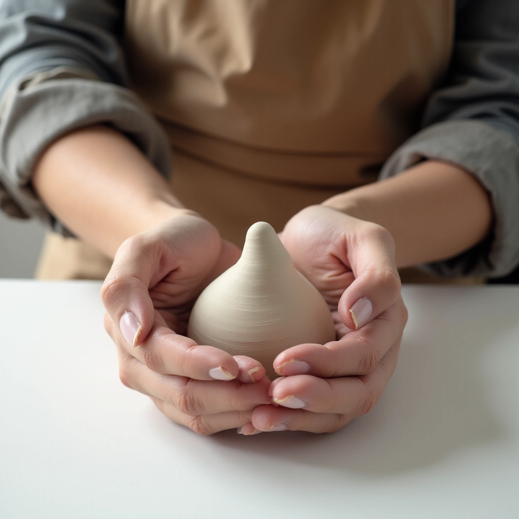 Close-up of hands shaping earthenware clay on work surface, fingers molding clay texture, natural lighting from above, detailed view