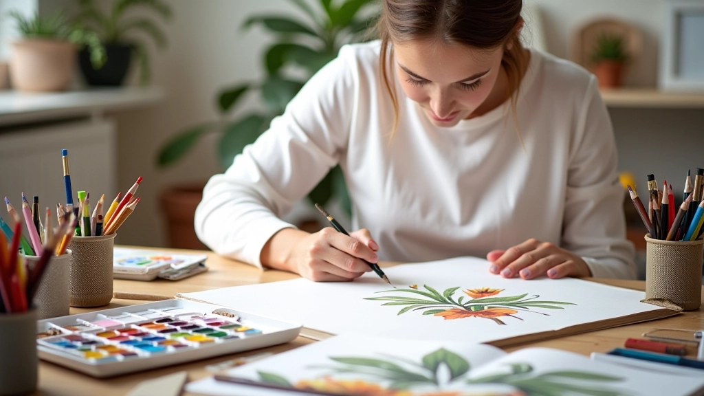Art studio setup with sketchbooks, colored pencils, watercolors, and artist work samples