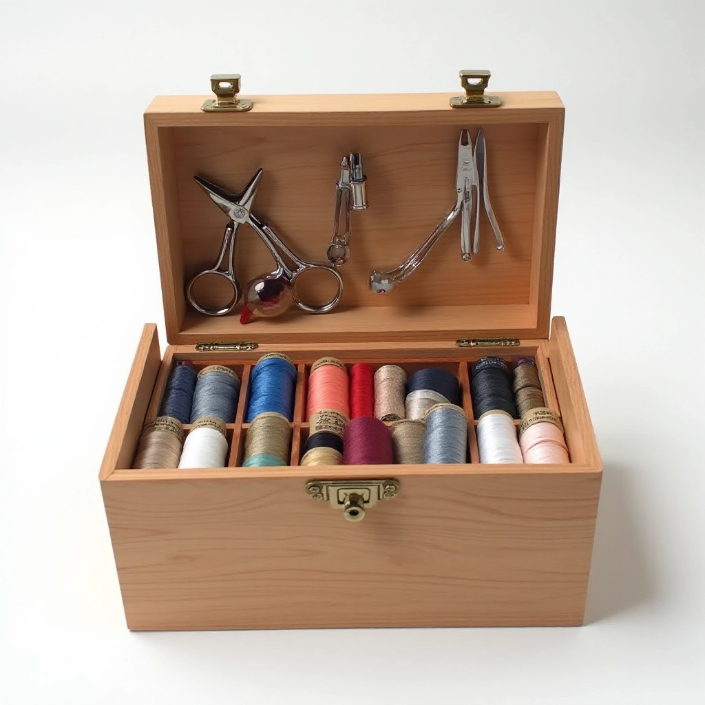 Deluxe sewing kit with wooden storage box open, precision fabric scissors in center, thread spools displayed, studio lighting