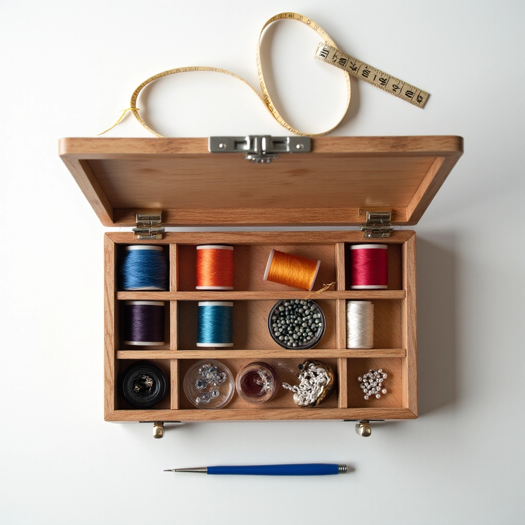 Overhead view of wooden sewing kit storage box with organized compartments containing spools of thread in rainbow colors, measuring tape, pins, and needles arranged neatly