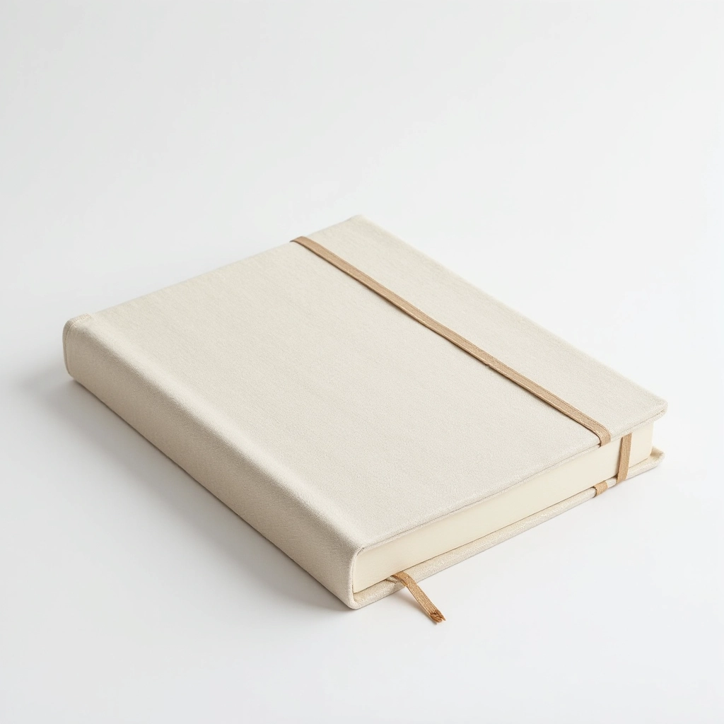 Premium hardbound sketchbook with natural linen cover, closed with ribbon bookmark visible, plain white background