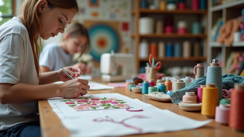 Sewing workshop with premium scissors, colorful threads, fabric swatches, and embroidery materials
