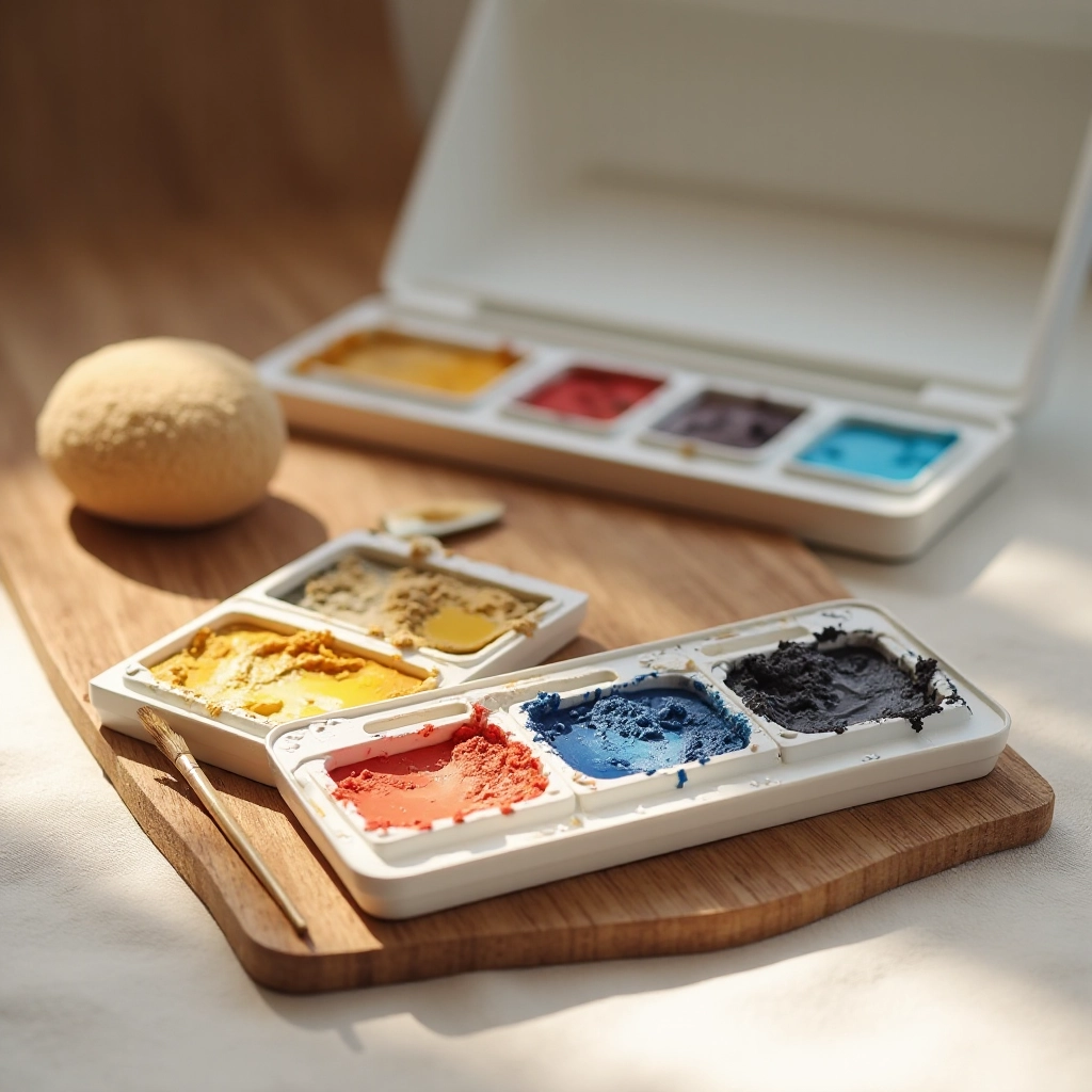 Watercolor palette maintenance and care, wooden case with preserved patina, soft brush and sponge cleaning tools visible
