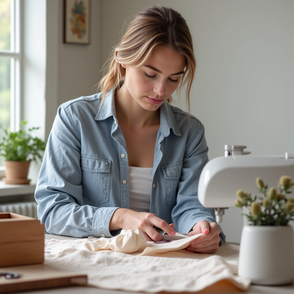 Woman at sewing desk using precision scissors to cut fabric, thread colors visible in wooden box nearby, hands working on white cotton fabric with careful detail